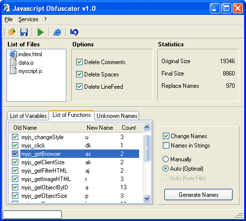 Javascript Obfuscator 1.0. Screenshots reviewed in JavaScript category of Web Developer directory